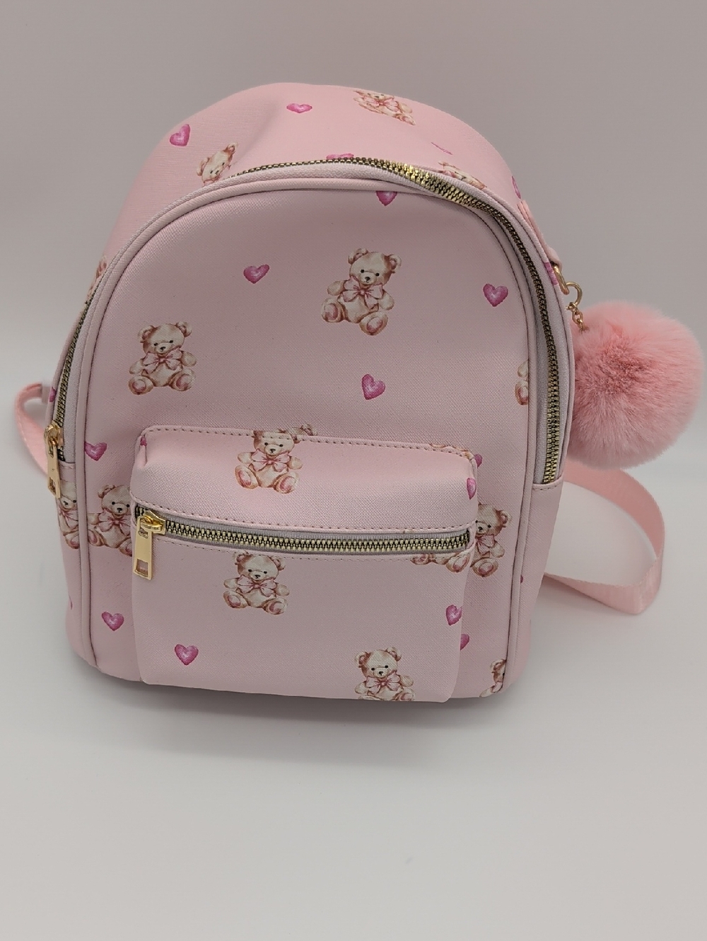 Pink Teddy Bear Kids Mini Backpack with Pom Pom